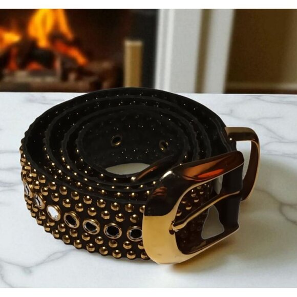 Womens Black Leather Crystal Rhinestone Studded Belt Brass Buckle 28\